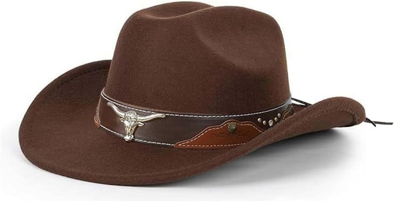 FGSS Western-Cowboy-Hats for Women Men - Classic Wide Brim Felt Fedora Unisex Upturn Bull Head Cowgirl Caps with Buckle Belt - Image 2